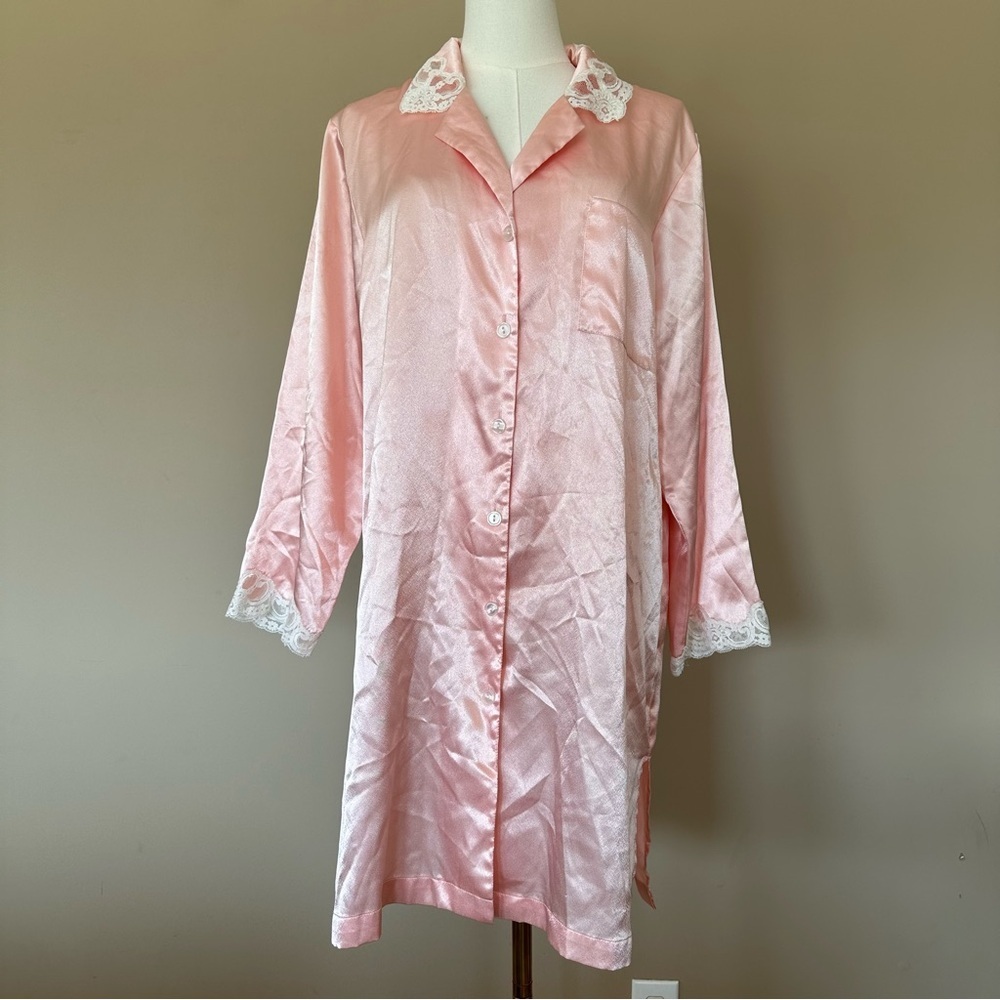 Vintage Oscar de la Renta Pink Label Satin Night Gown Women M Pastel Cottage